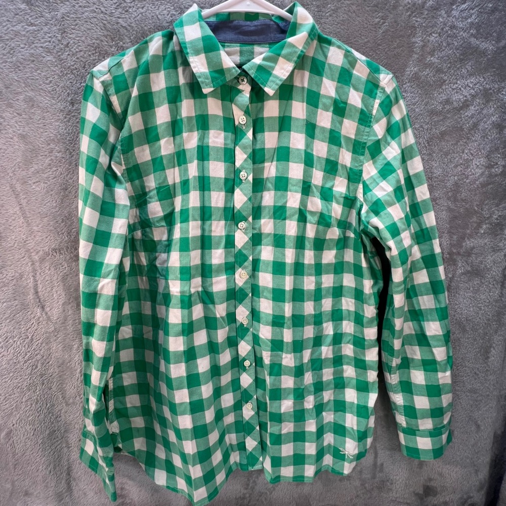 Talbots Petites LP Green Gingham Button Up Shirt Metallic Dragonfly Cottagecore